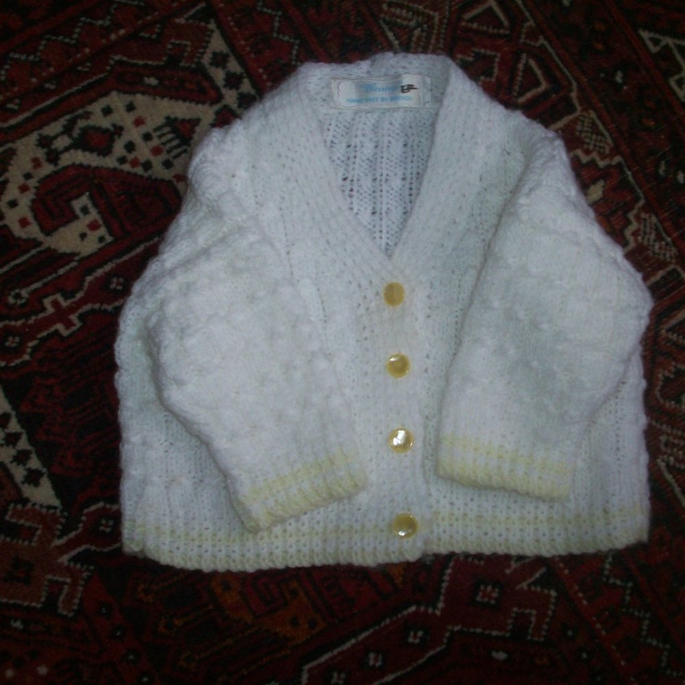 Hand Knit Baby Layette Button Front Cardigan Jacket Newborn White Slightly Used